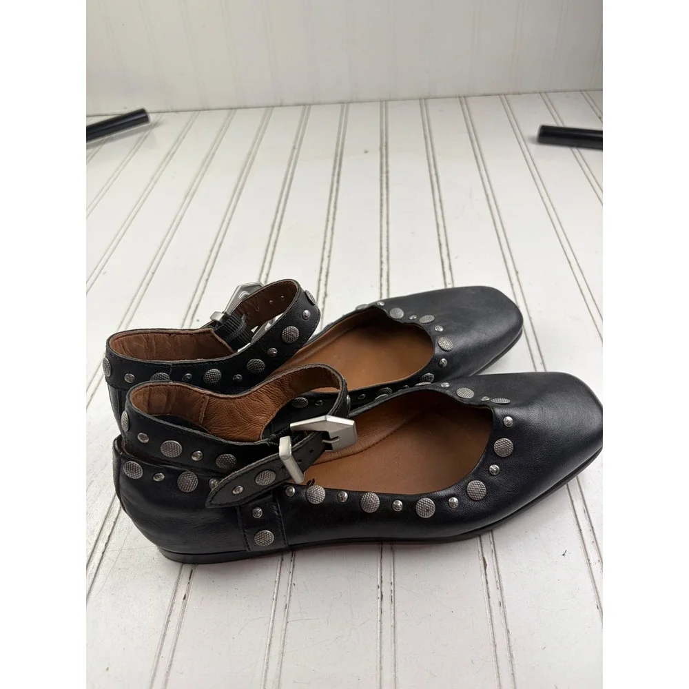 Free People Black Studded Mystic Mary Jane Leather Flats Women's Size US 6.5